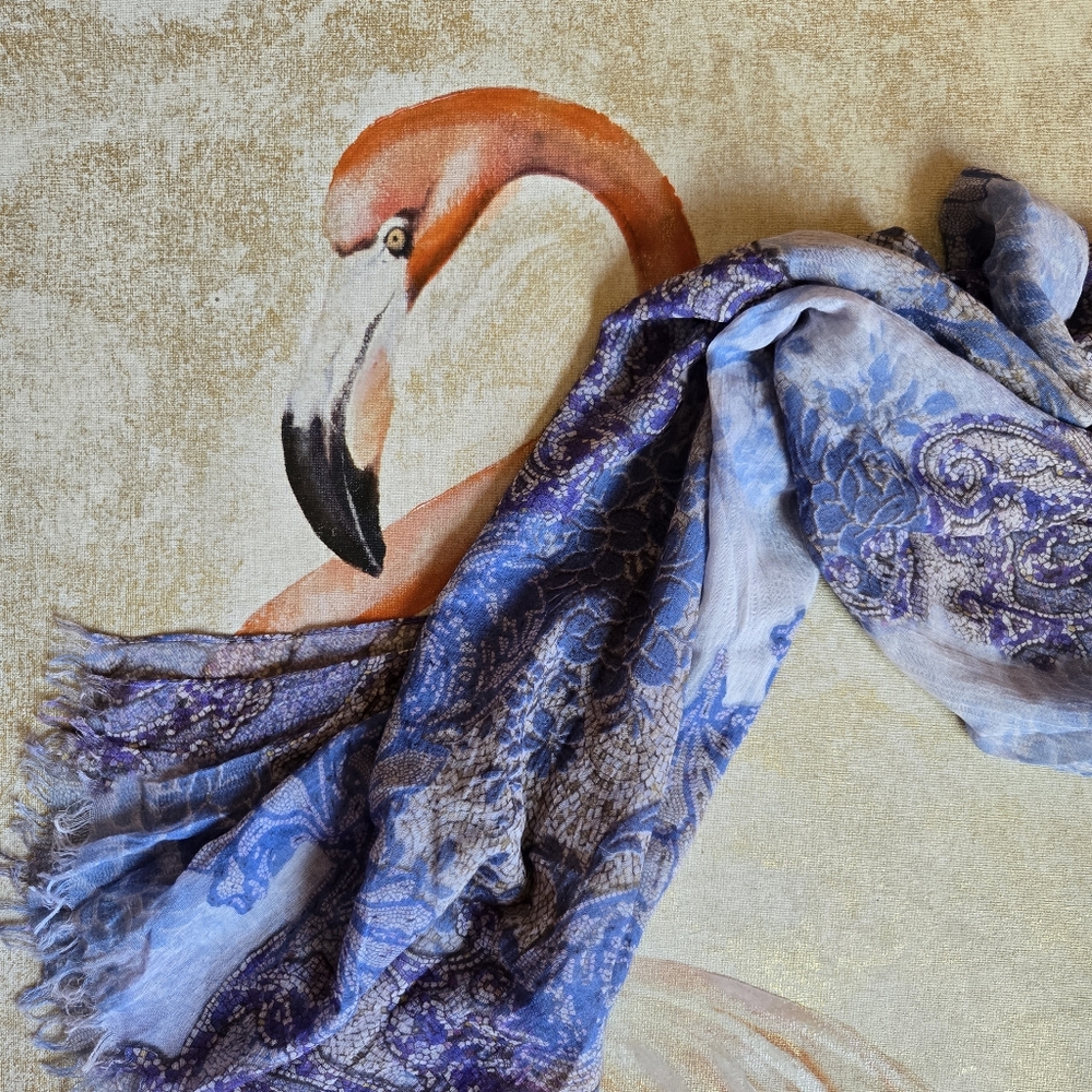 3/$25 Scarf Delicate Semi Sheer Fringe Floral Blue Purple Gray Travel